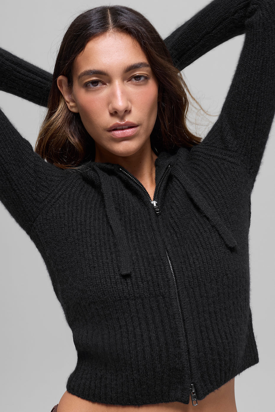 Wool Cashmere Ribbed Noble Full Zip Hoodie - Black image 4