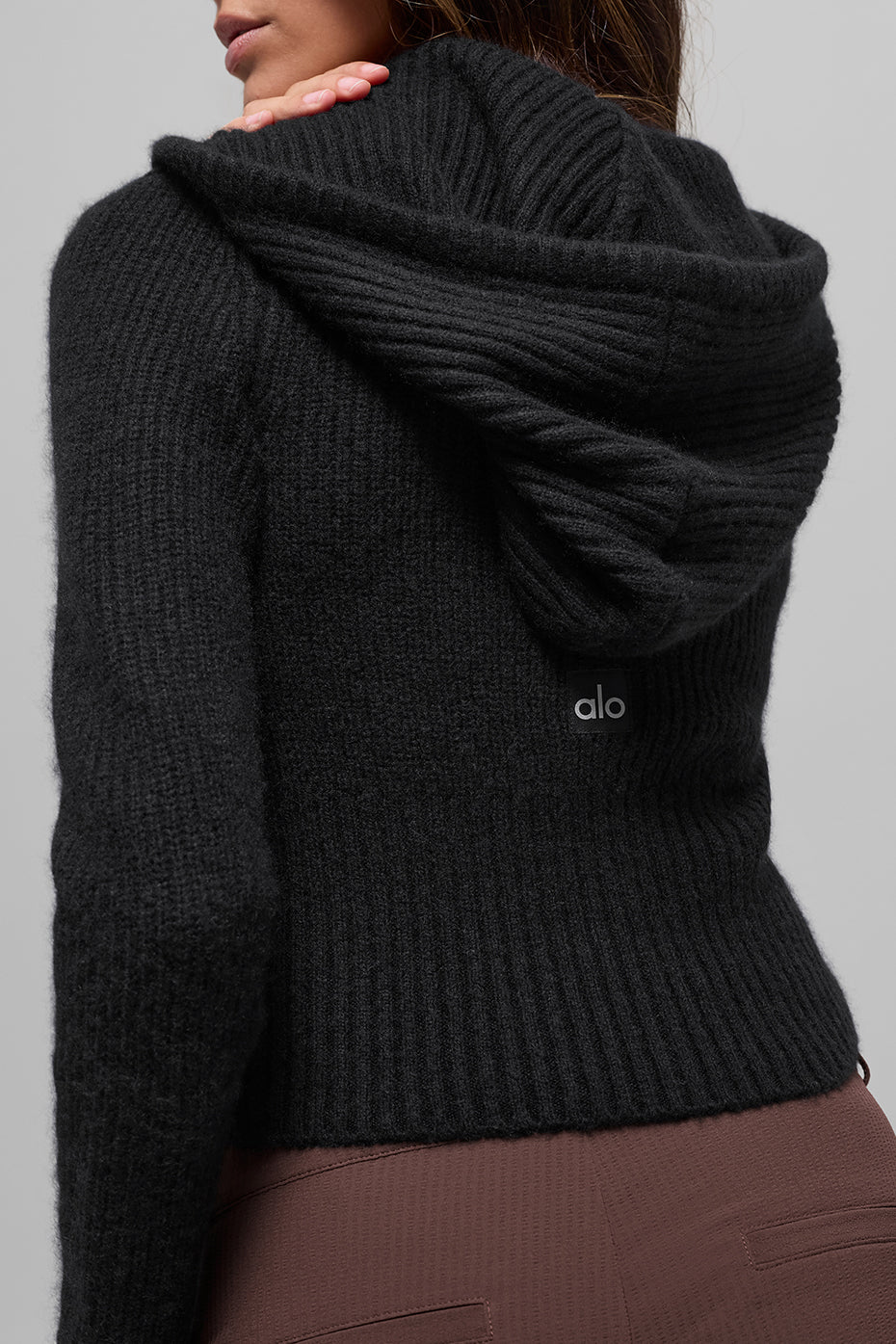 Wool Cashmere Ribbed Noble Full Zip Hoodie - Black image 3