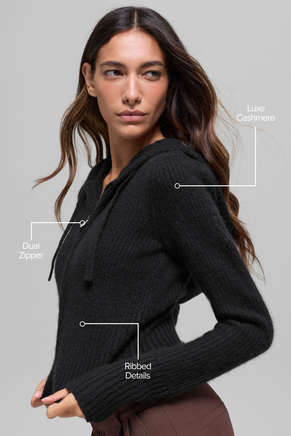 Wool Cashmere Ribbed Noble Full Zip Hoodie - Black image 2