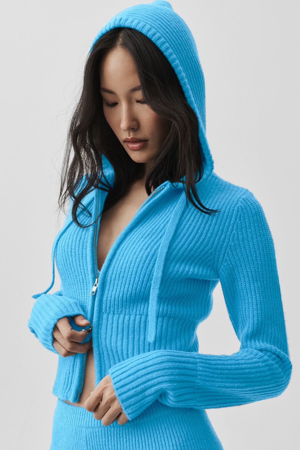 Wool Cashmere Ribbed Noble Full Zip Hoodie - Azure Blue image 3