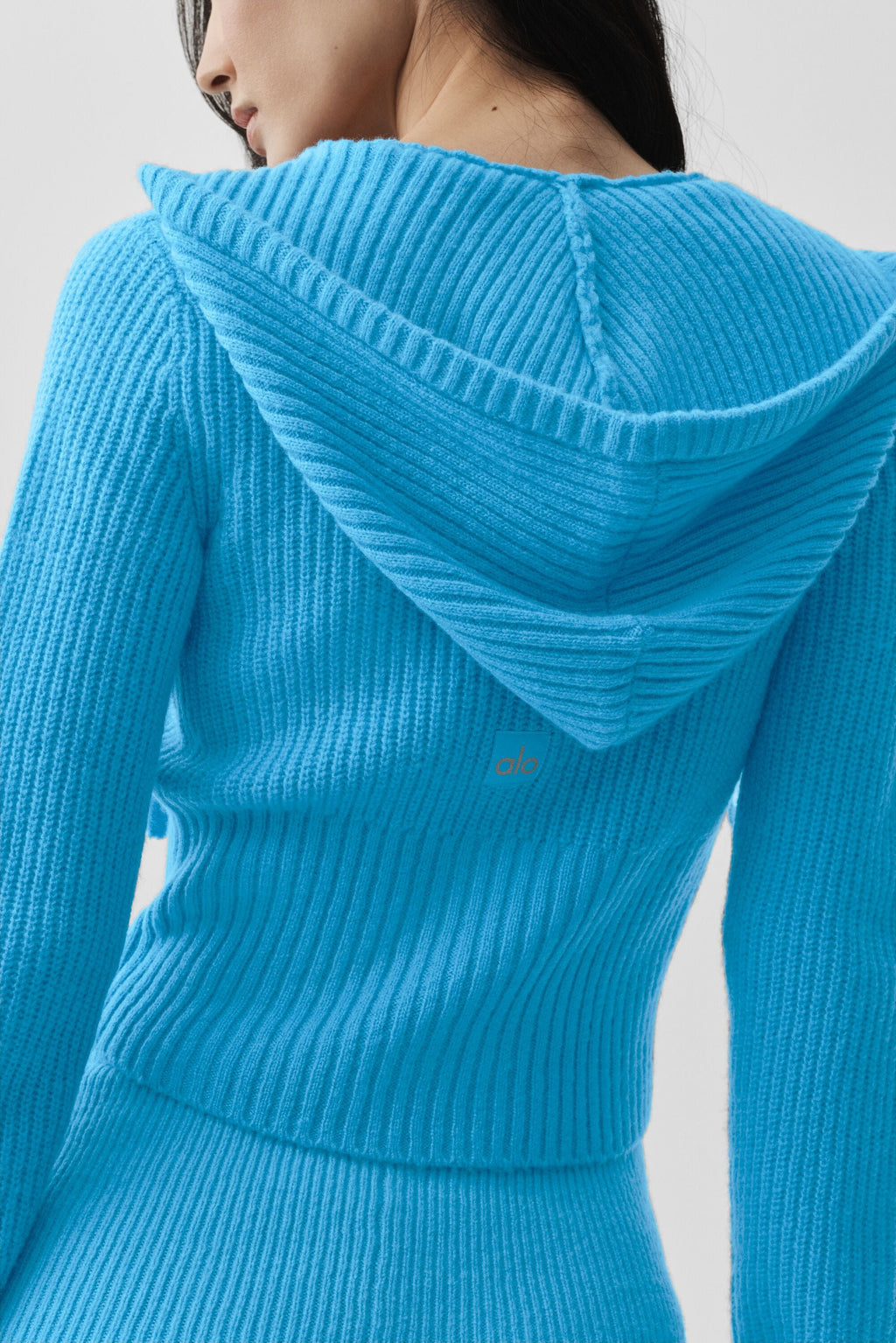 Wool Cashmere Ribbed Noble Full Zip Hoodie - Azure Blue image 5