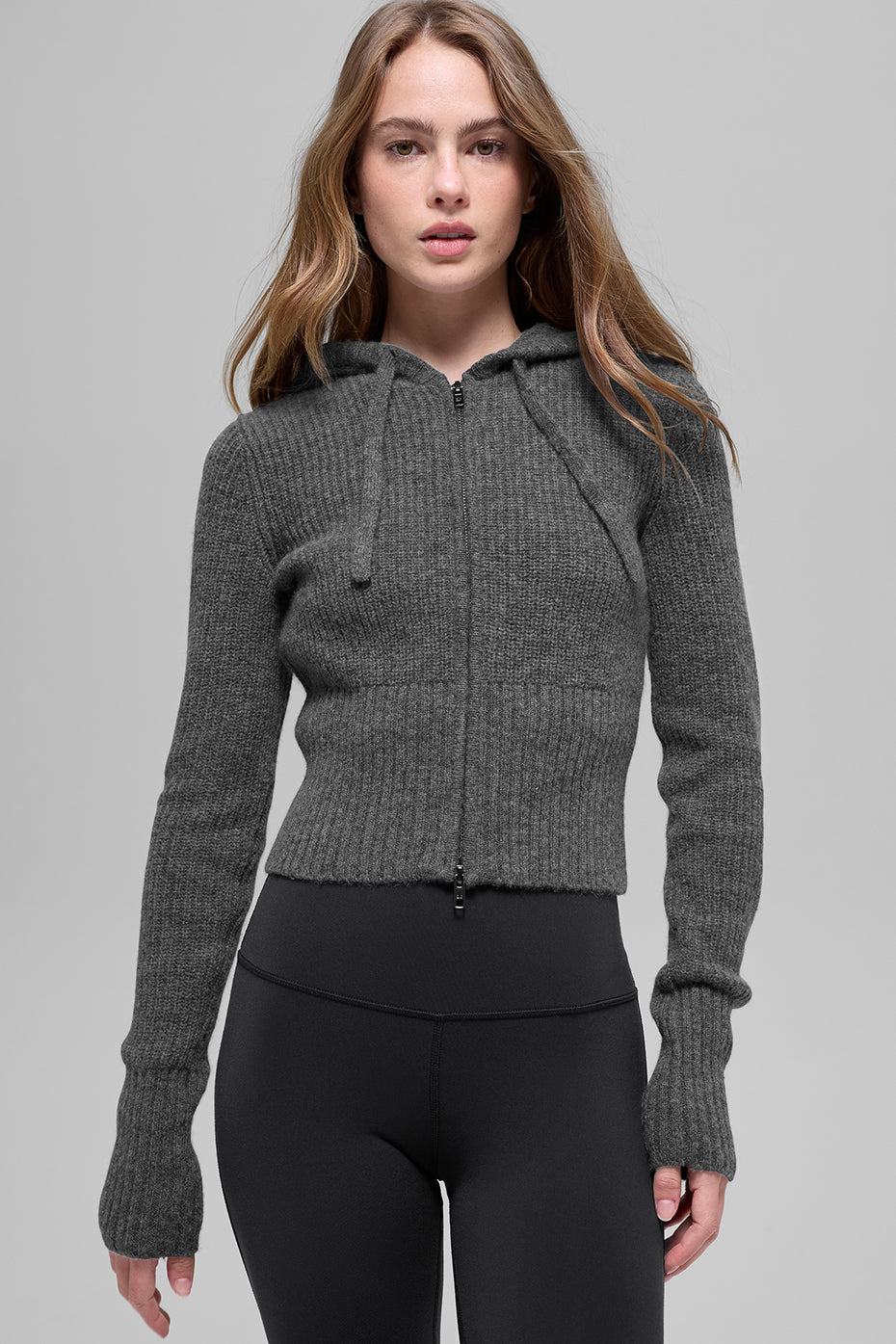 Wool Cashmere Ribbed Noble Full Zip Hoodie - Platinum Grey image 1