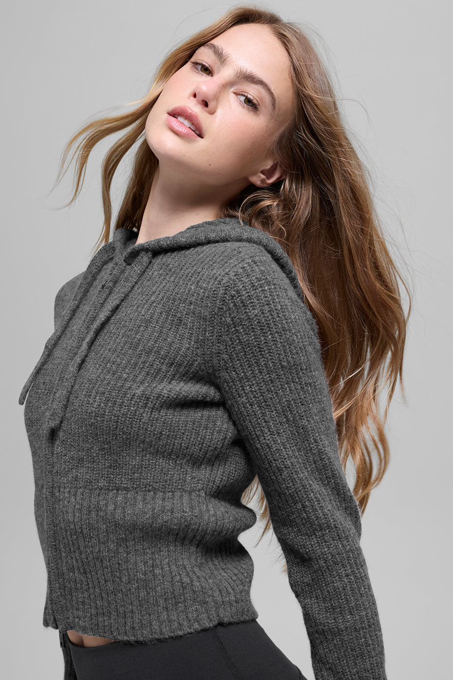 Wool Cashmere Ribbed Noble Full Zip Hoodie - Platinum Grey image 3