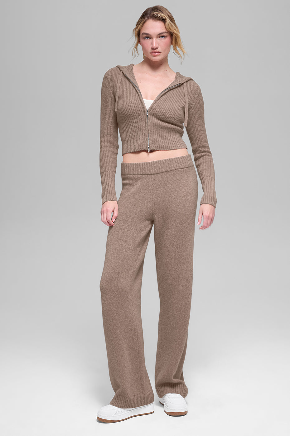 Wool Cashmere Ribbed Noble Full Zip Hoodie - Chai Latte image 4