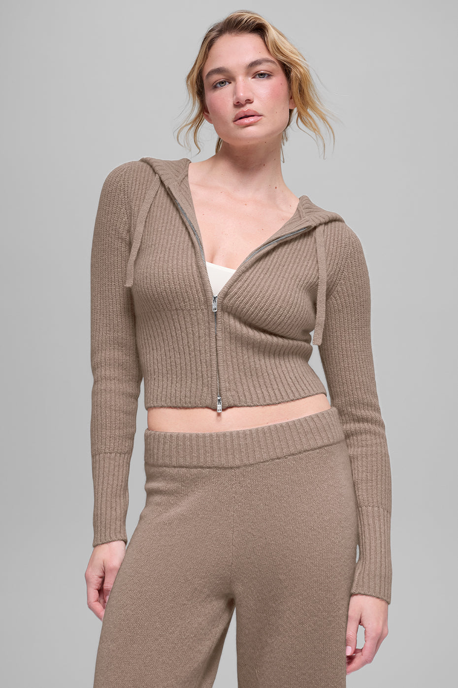 Wool Cashmere Ribbed Noble Full Zip Hoodie - Chai Latte image 1