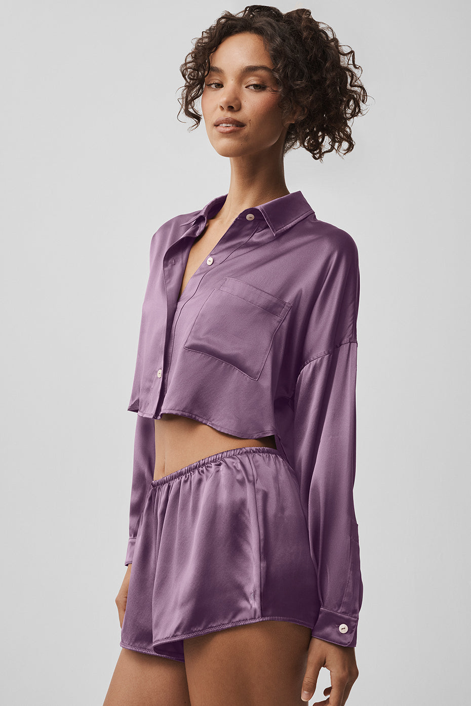 Silk Luminous Cropped Button Down Long Sleeve - Plum Kiss image 2