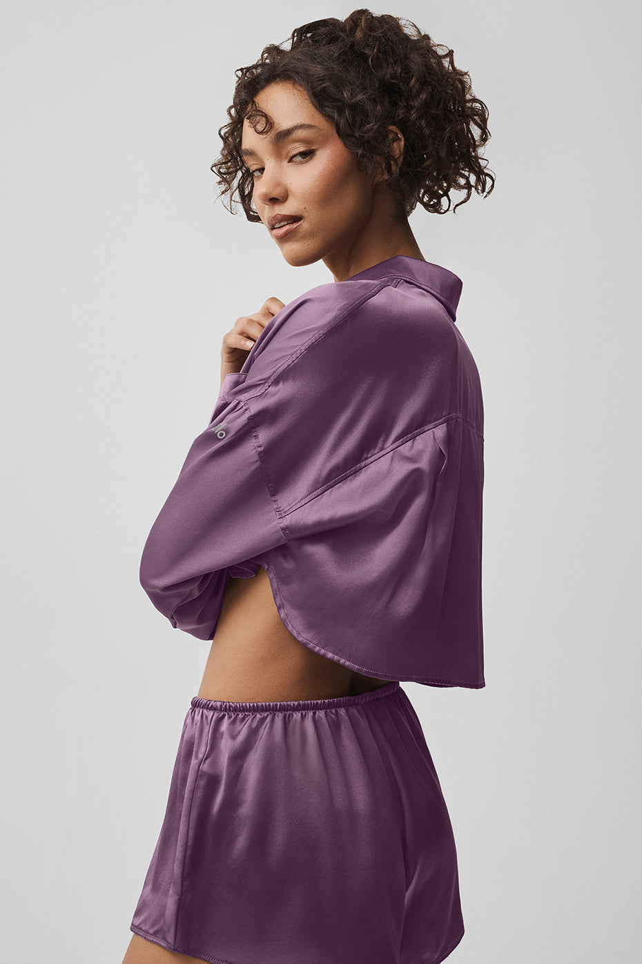Silk Luminous Cropped Button Down Long Sleeve - Plum Kiss image 3