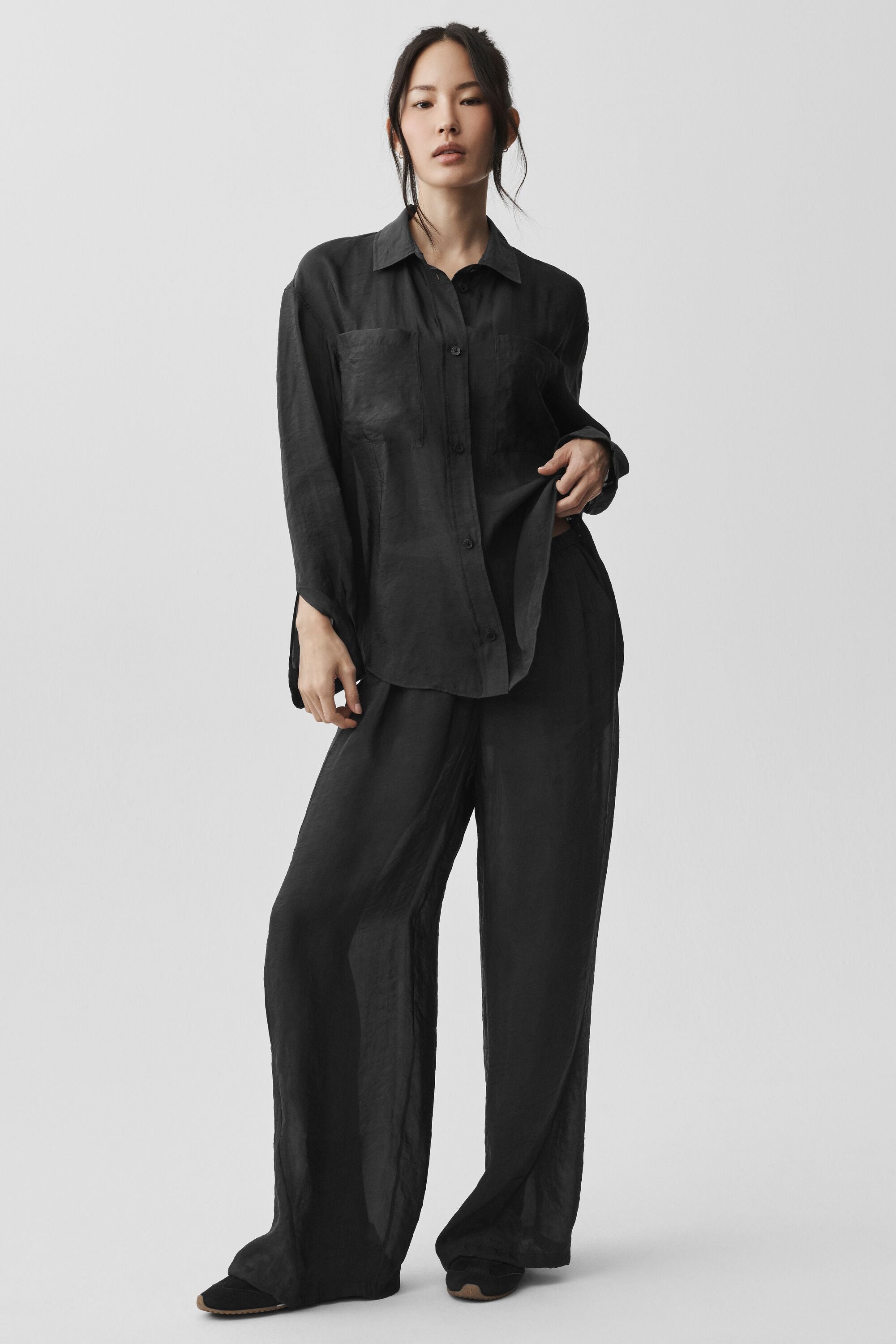 Semi-Sheer Golden Hour Button Down Long Sleeve - Black image 1