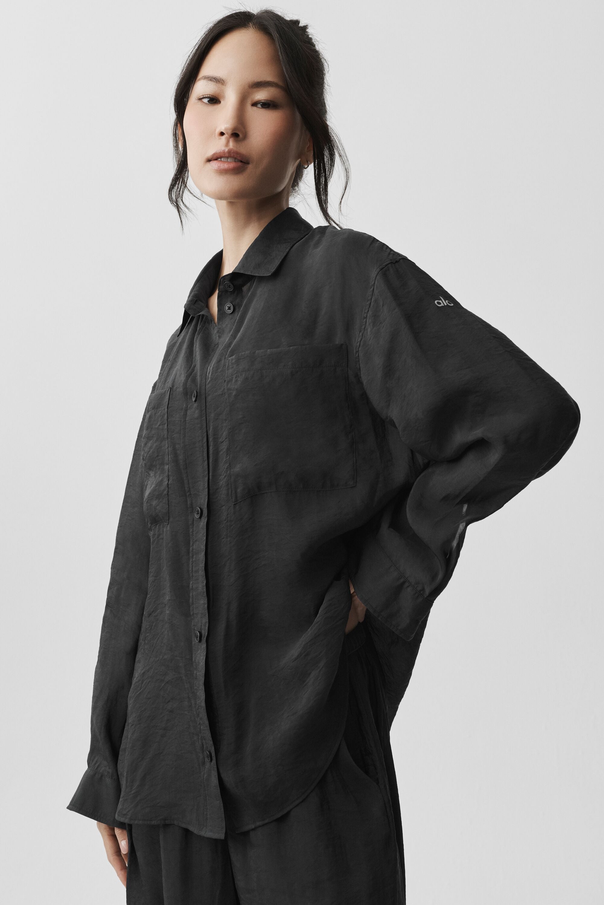 Semi-Sheer Golden Hour Button Down Long Sleeve - Black image 5