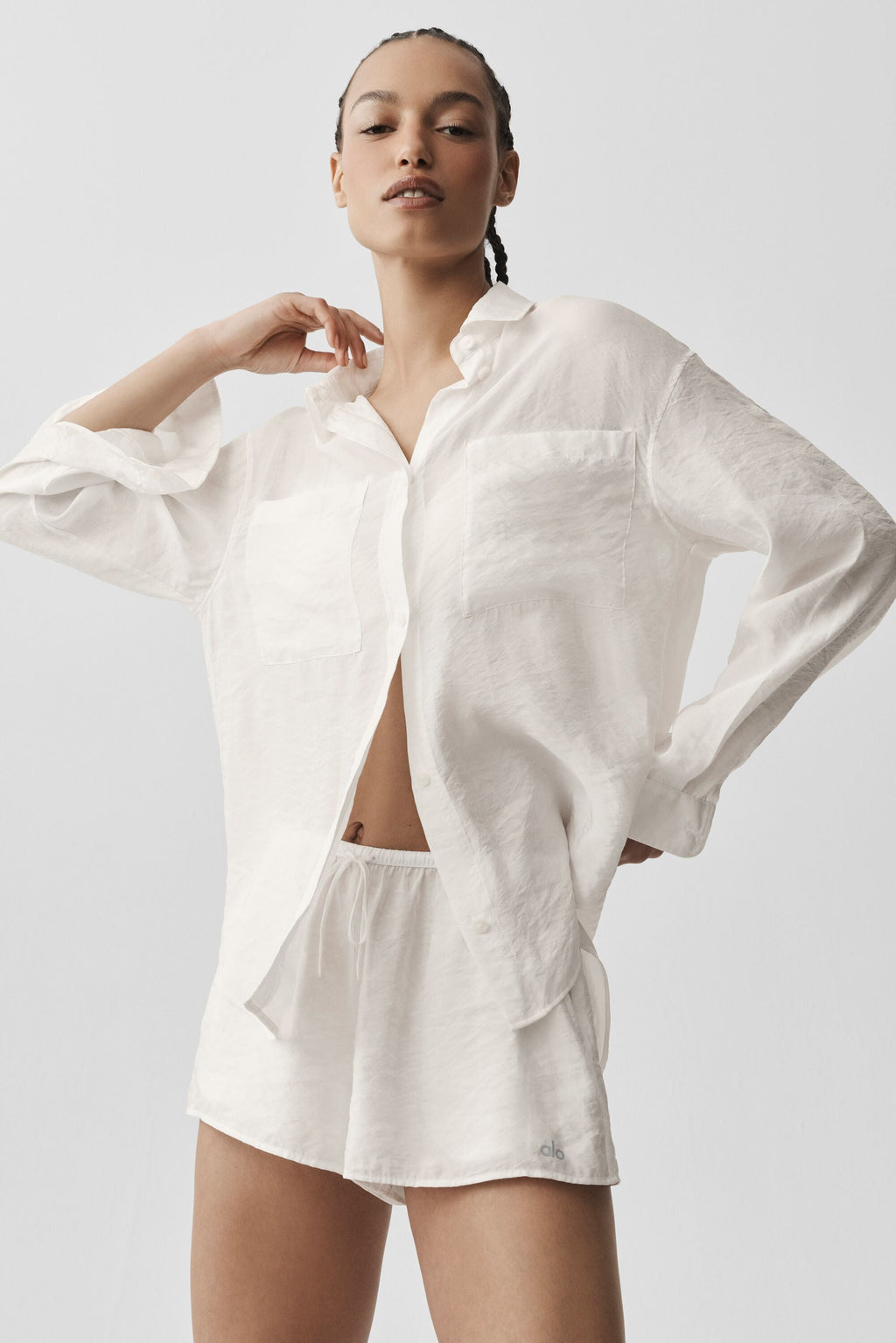 Semi-Sheer Golden Hour Button Down Long Sleeve - Ivory image 3