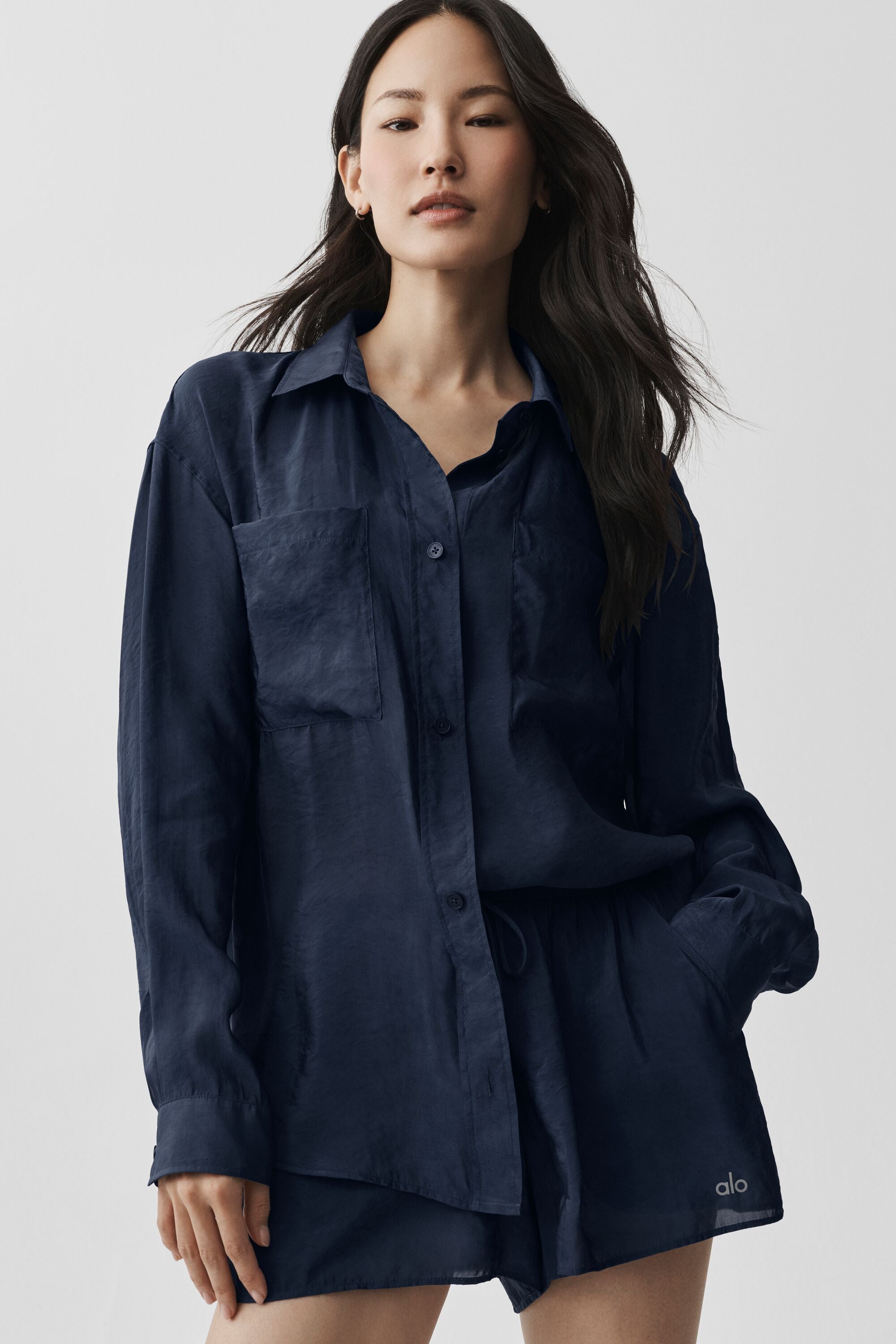 Semi-Sheer Golden Hour Button Down Long Sleeve - Navy image 3