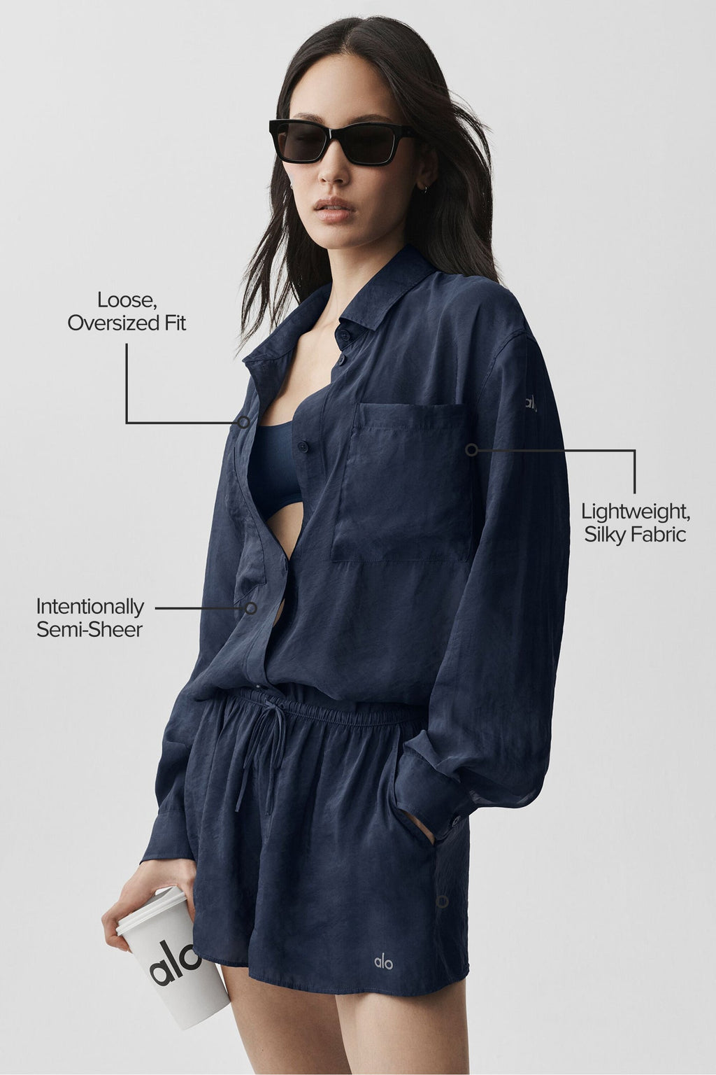 Semi-Sheer Golden Hour Button Down Long Sleeve - Navy image 2