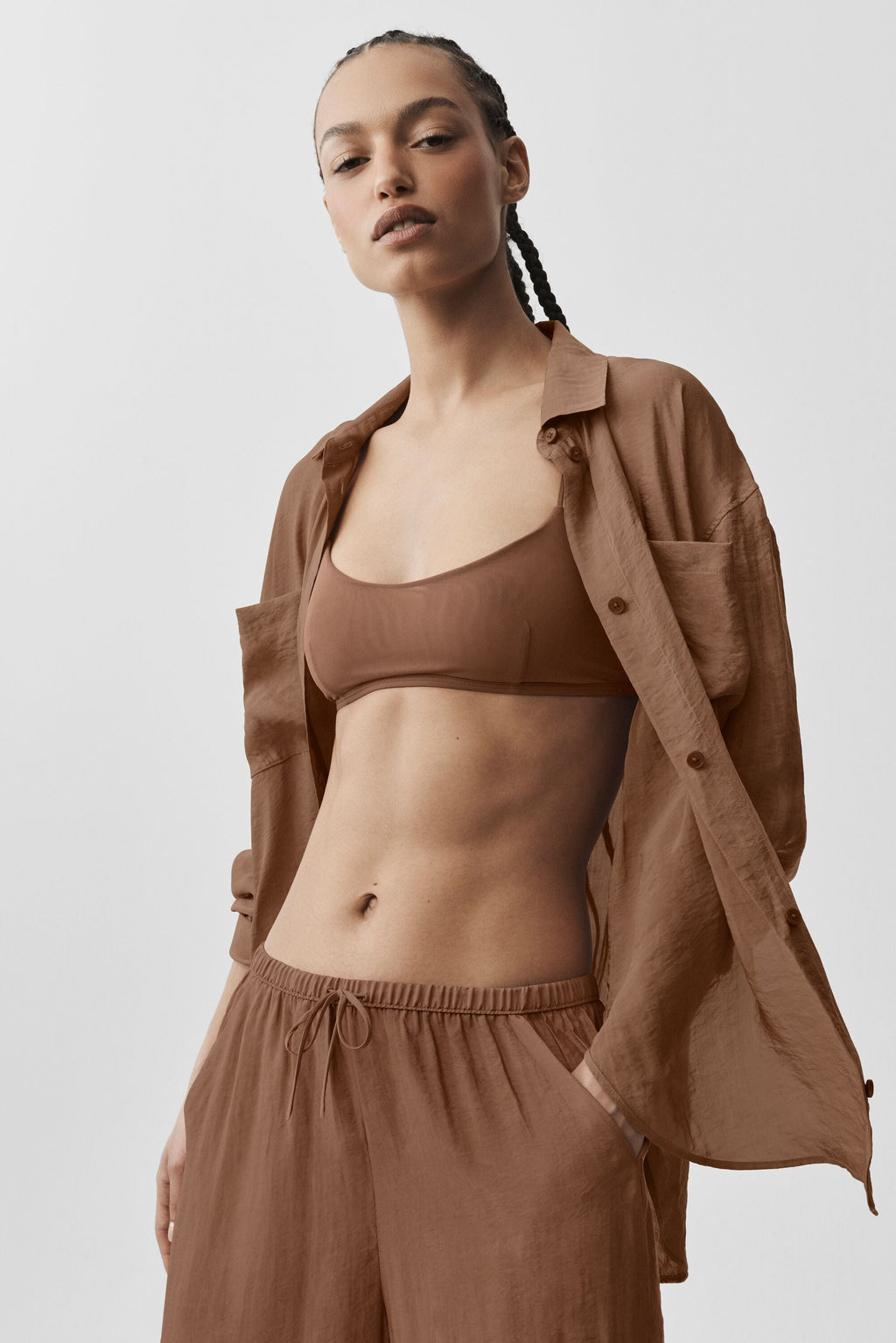 Semi-Sheer Golden Hour Button Down Long Sleeve - Sun Kissed Brown image 1