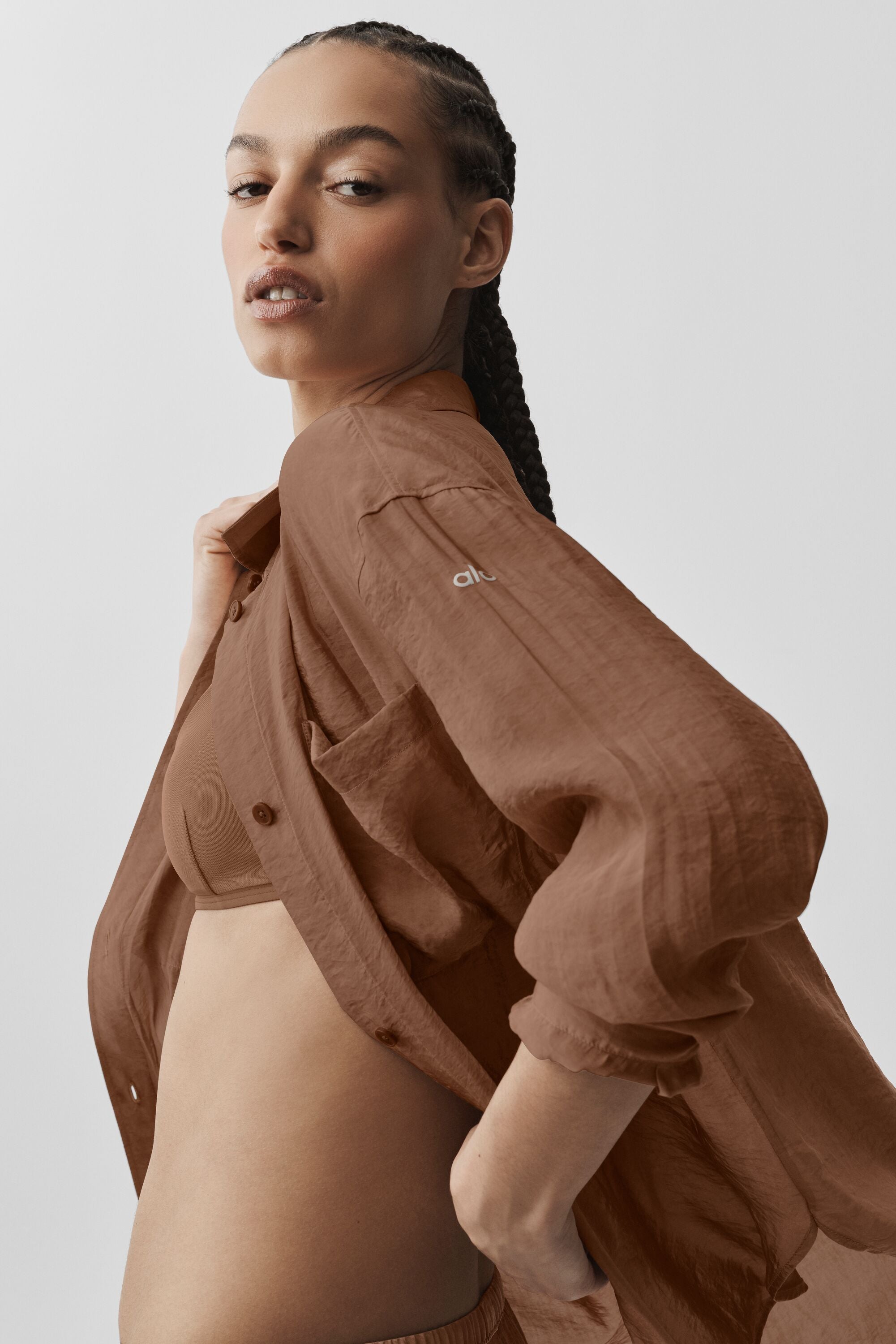 Semi-Sheer Golden Hour Button Down Long Sleeve - Sun Kissed Brown image 3