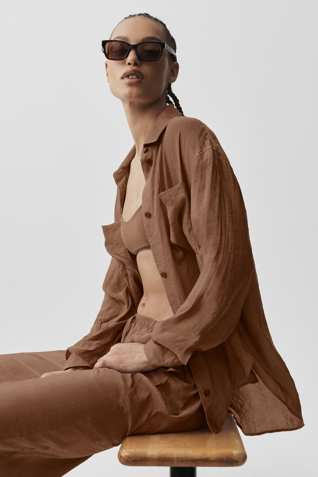 Semi-Sheer Golden Hour Button Down Long Sleeve - Sun Kissed Brown image 4