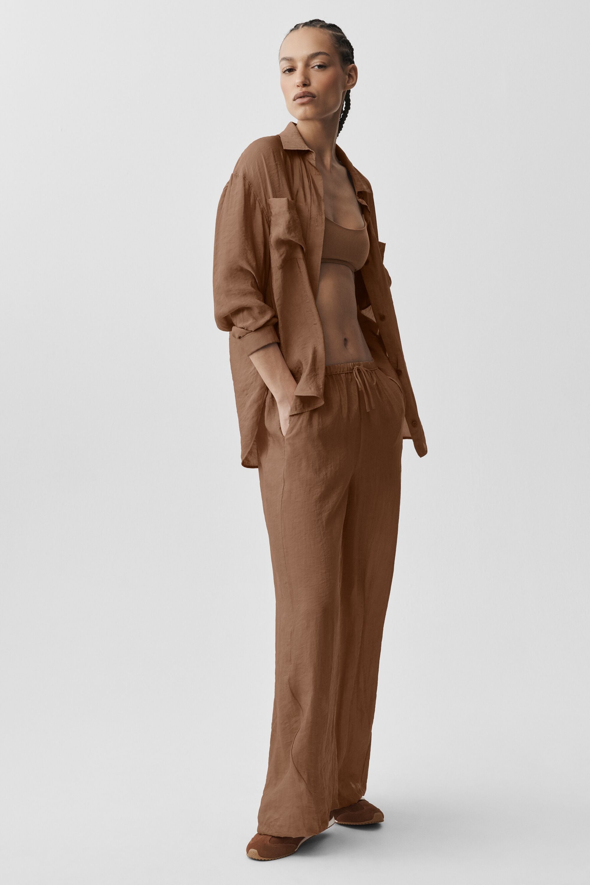 Semi-Sheer Golden Hour Button Down Long Sleeve - Sun Kissed Brown image 5