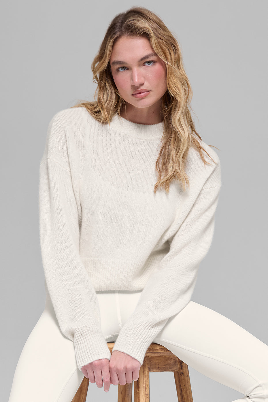 Wool Cashmere Cropped New Class Crewneck Sweater - Ivory image 1
