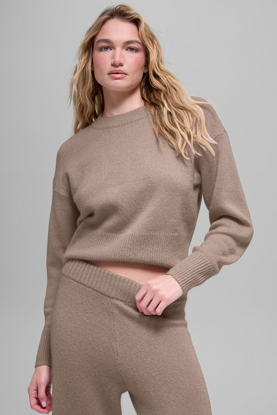 Wool Cashmere Cropped New Class Crewneck Sweater - Chai Latte image 1