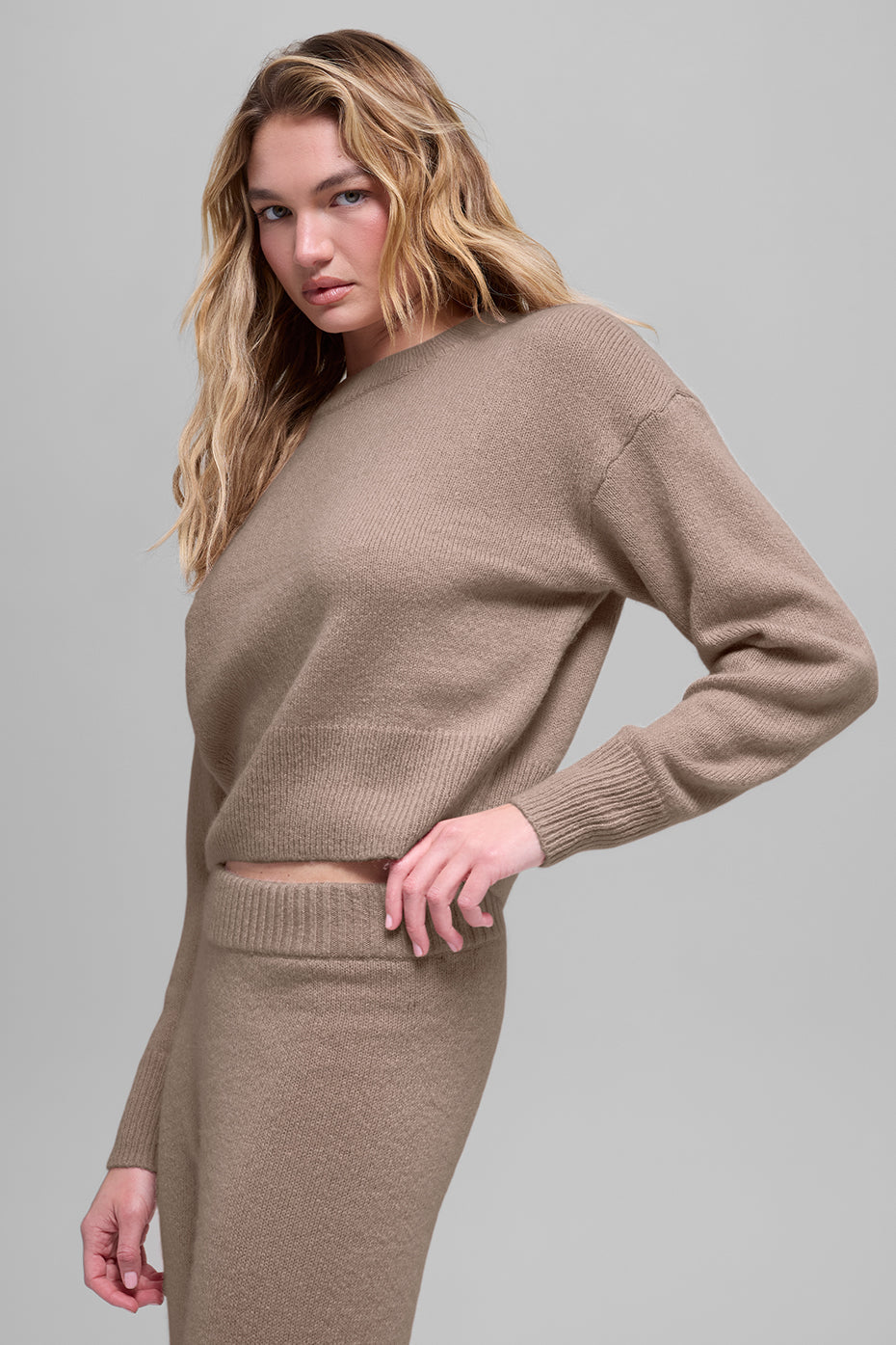 Wool Cashmere Cropped New Class Crewneck Sweater - Chai Latte image 3