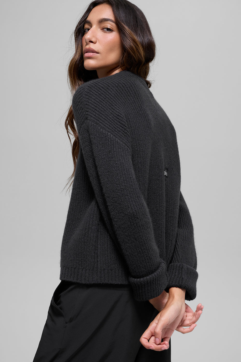 Wool Cashmere Ribbed Noble Crewneck Sweater - Black image 4