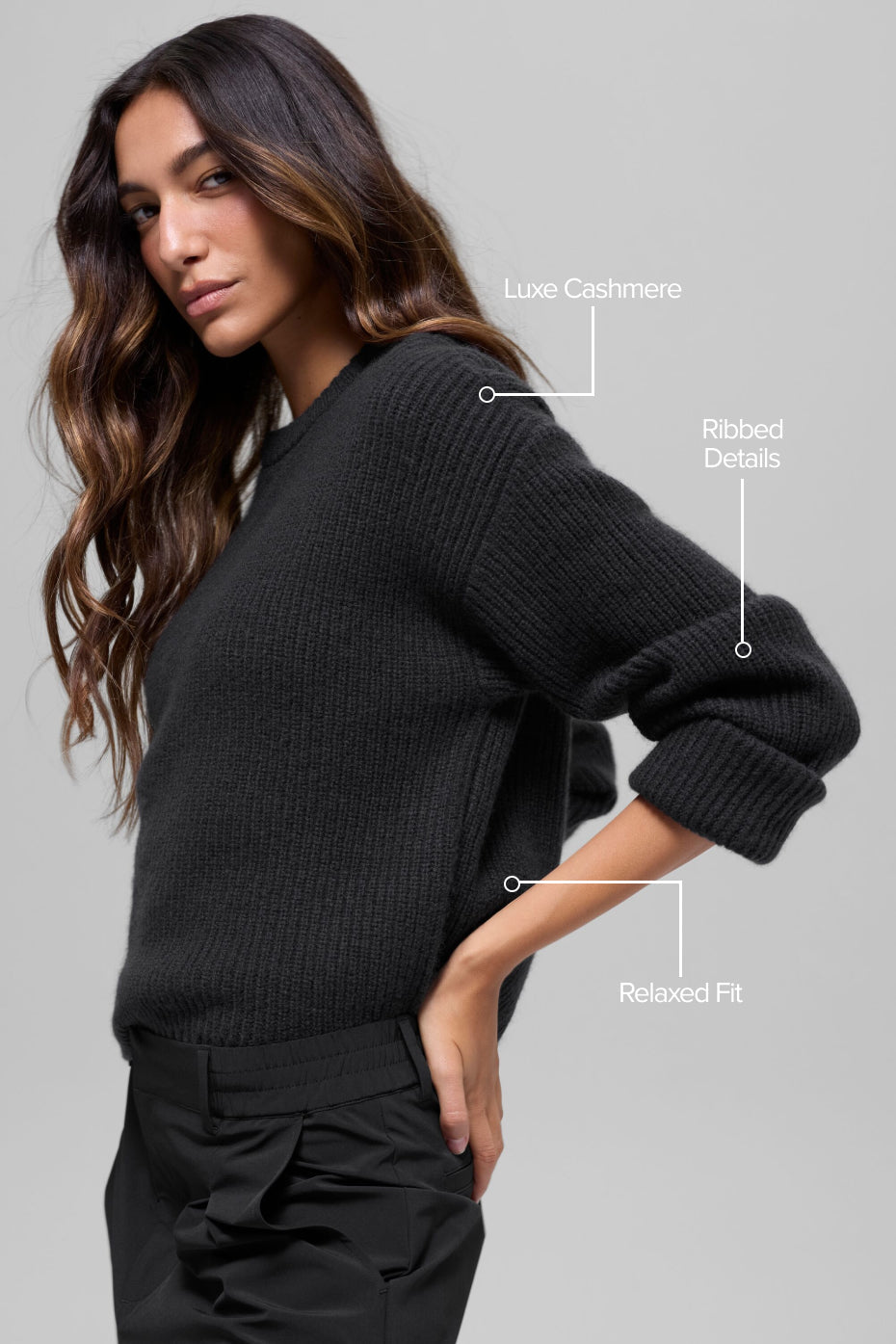 Wool Cashmere Ribbed Noble Crewneck Sweater - Black image 2