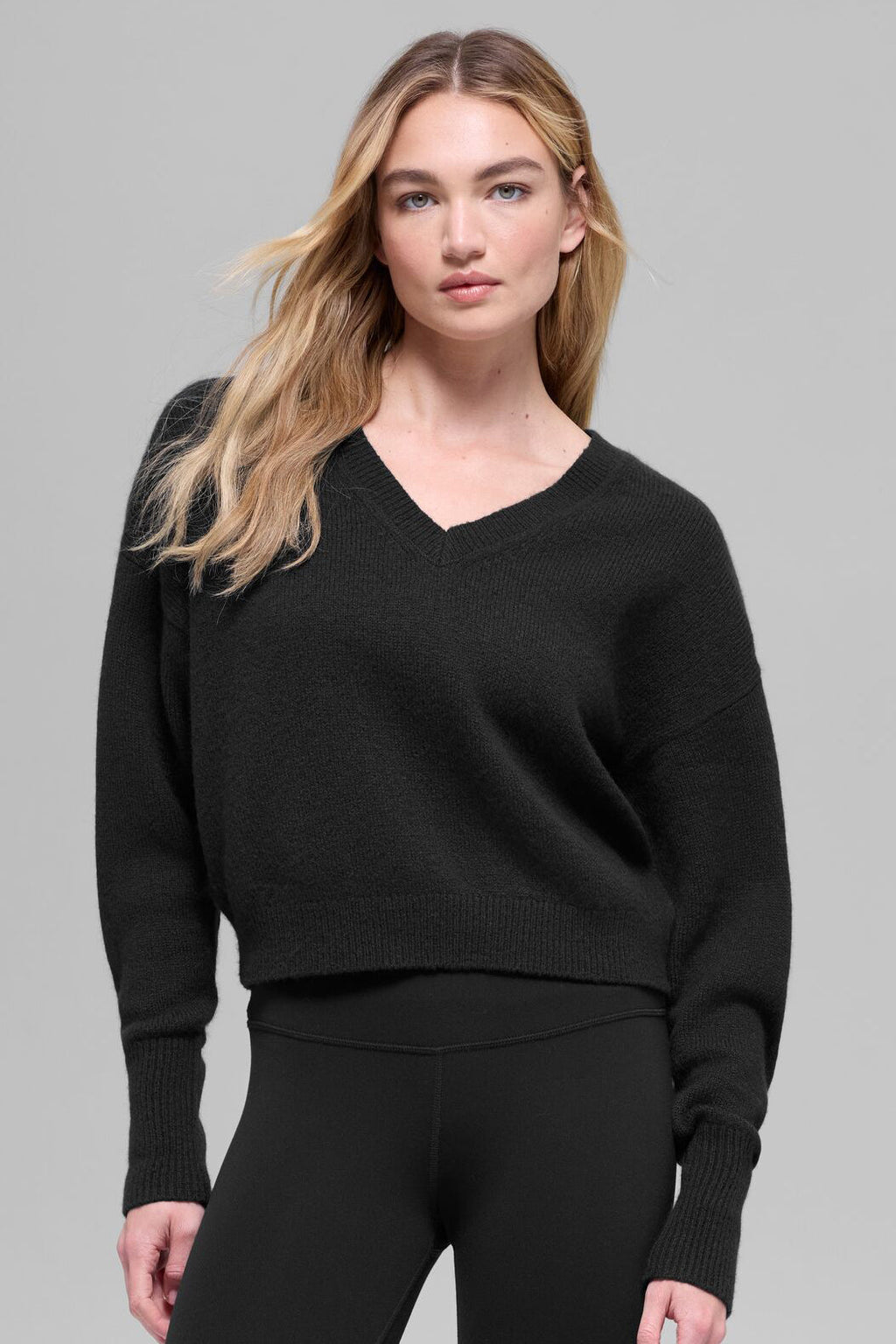 Wool Cashmere Cropped New Class V-Neck Sweater - Black image 1