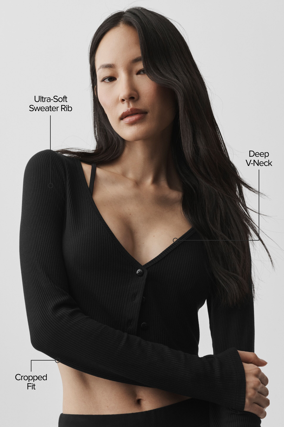 Ribbed Cropped Whisper Cardigan - Black image 2