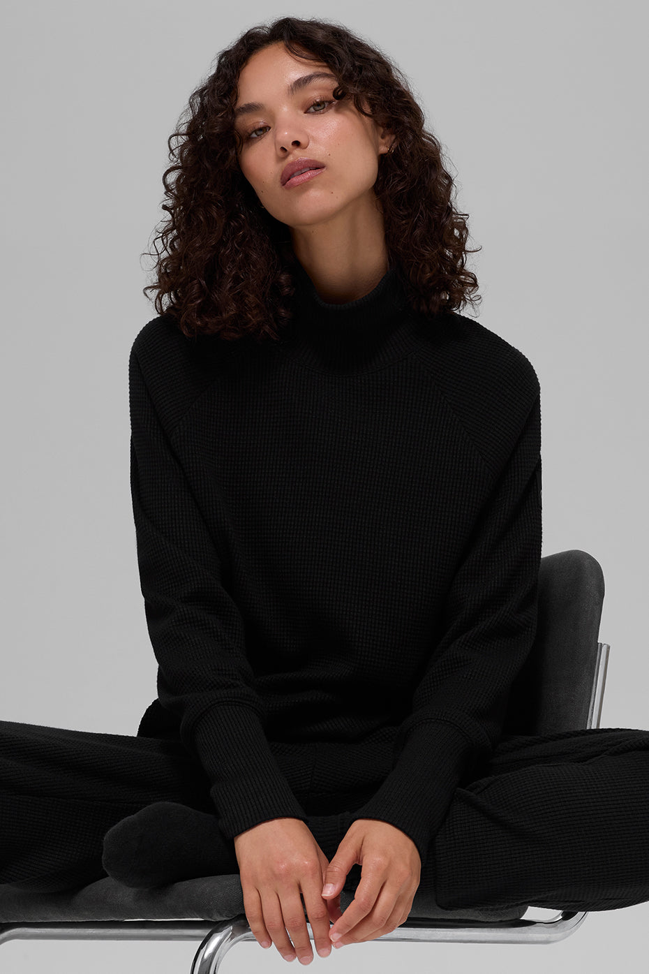 Waffle Weekend Escape Mock Neck Long Sleeve - Black image 3
