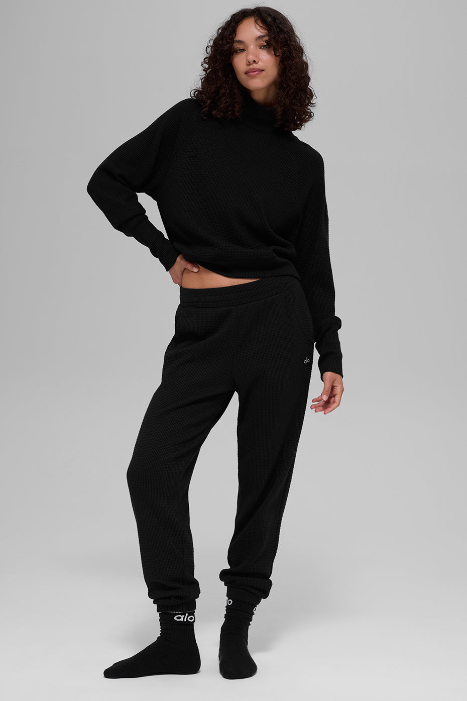 Waffle Weekend Escape Mock Neck Long Sleeve - Black image 5