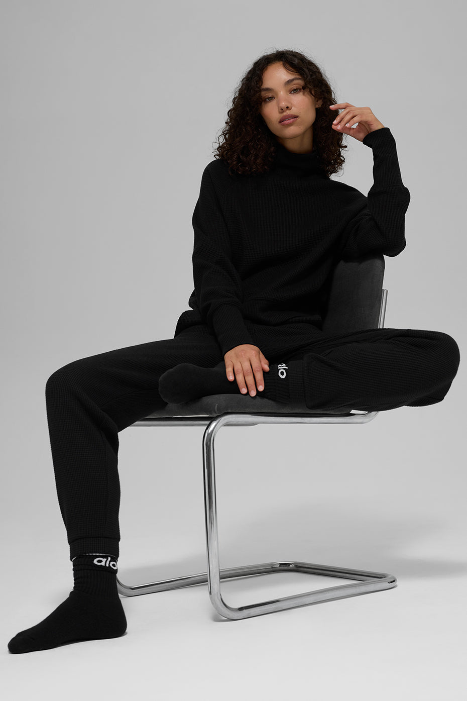 Waffle Weekend Escape Mock Neck Long Sleeve - Black image 6