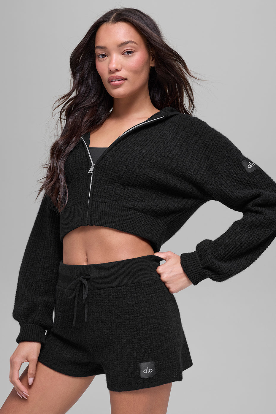 Cashmere Plush Waffle Full Zip Hoodie - Black image 1