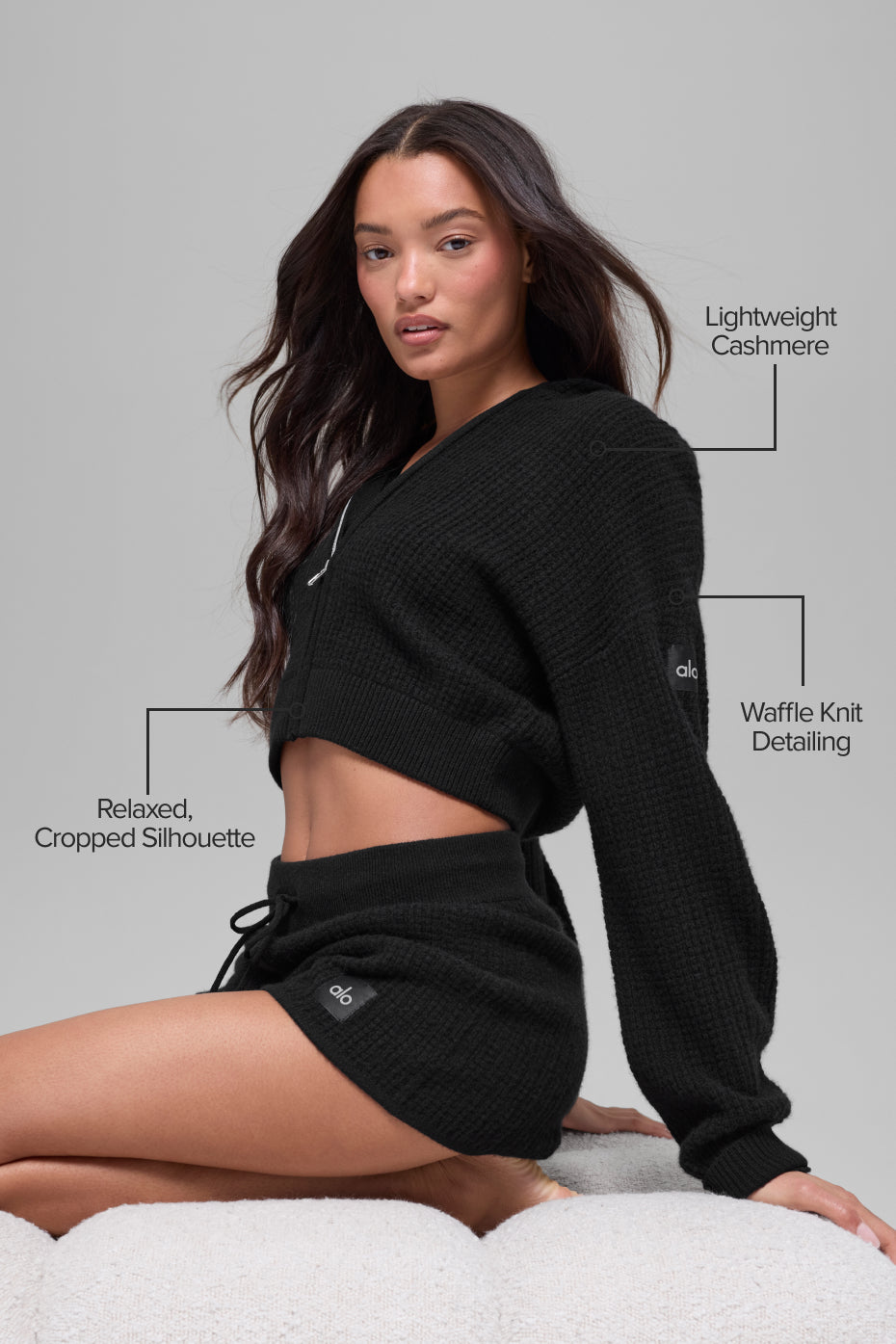 Cashmere Plush Waffle Full Zip Hoodie - Black image 2