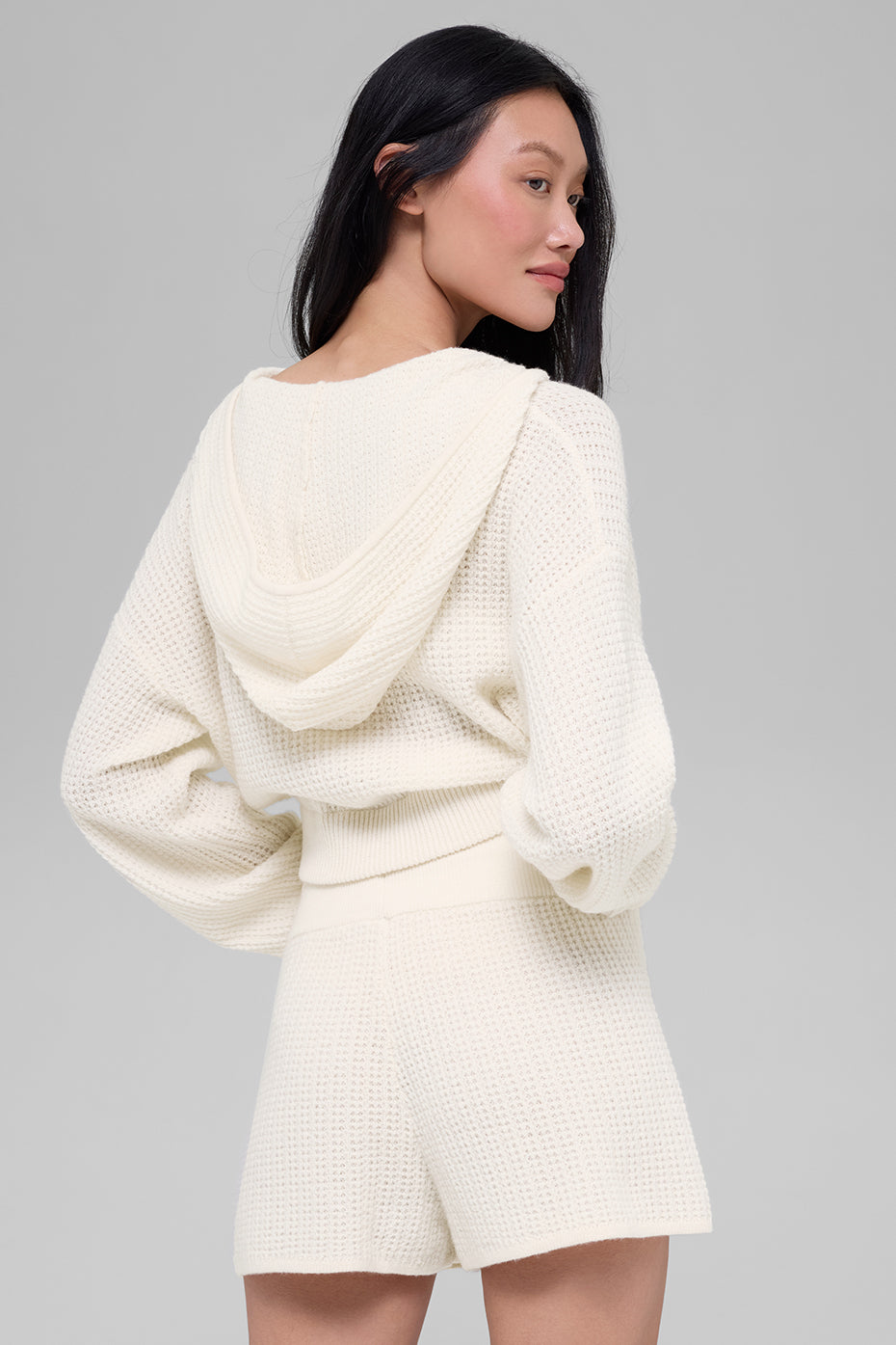 Cashmere Plush Waffle Full Zip Hoodie - Ivory image 3
