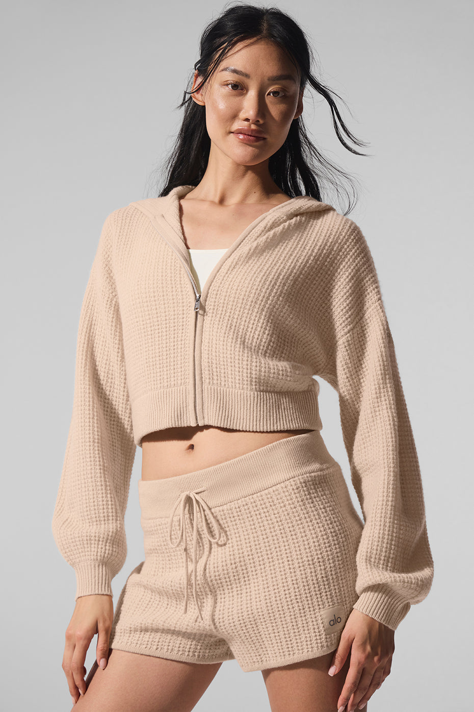 Cashmere Plush Waffle Full Zip Hoodie - Macadamia Blush image 3