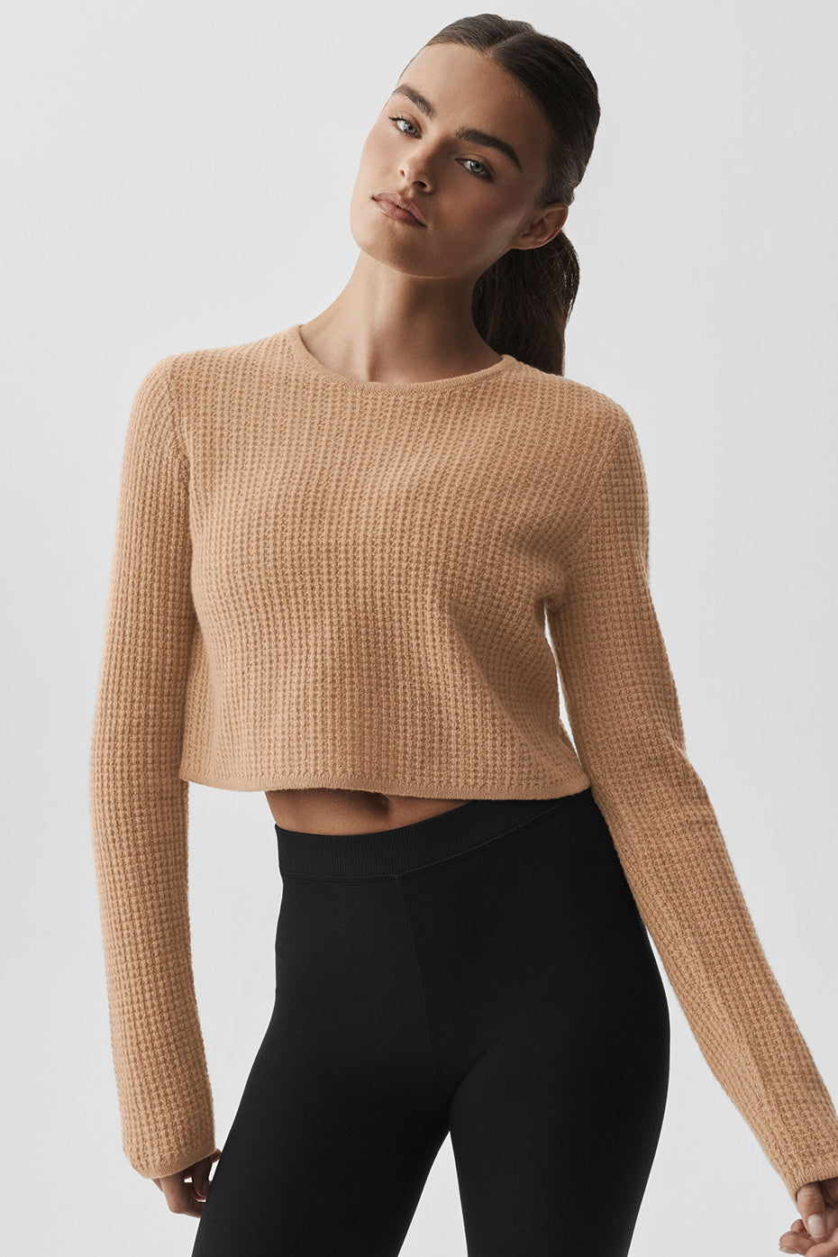 Cashmere Plush Waffle Cropped Long Sleeve - Toasted Almond image 1