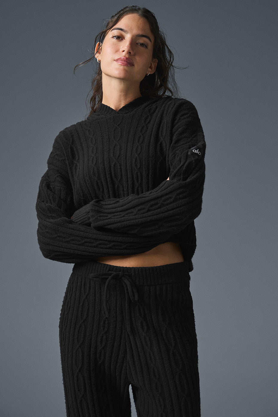 Cable Knit Winter Bliss Hoodie - Black image 1