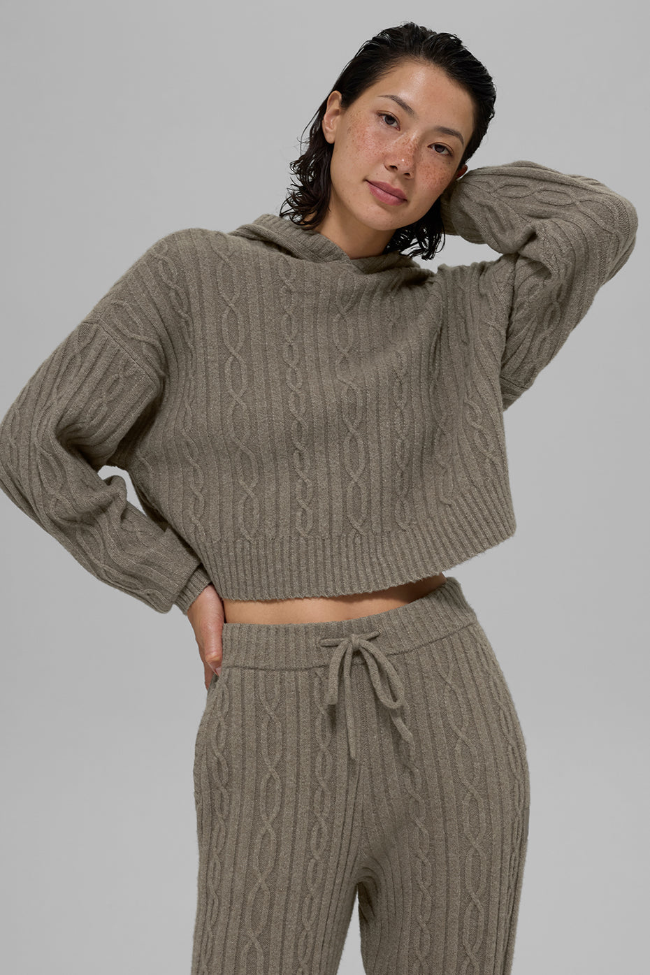 Cable Knit Winter Bliss Hoodie - Light Cocoa image 2