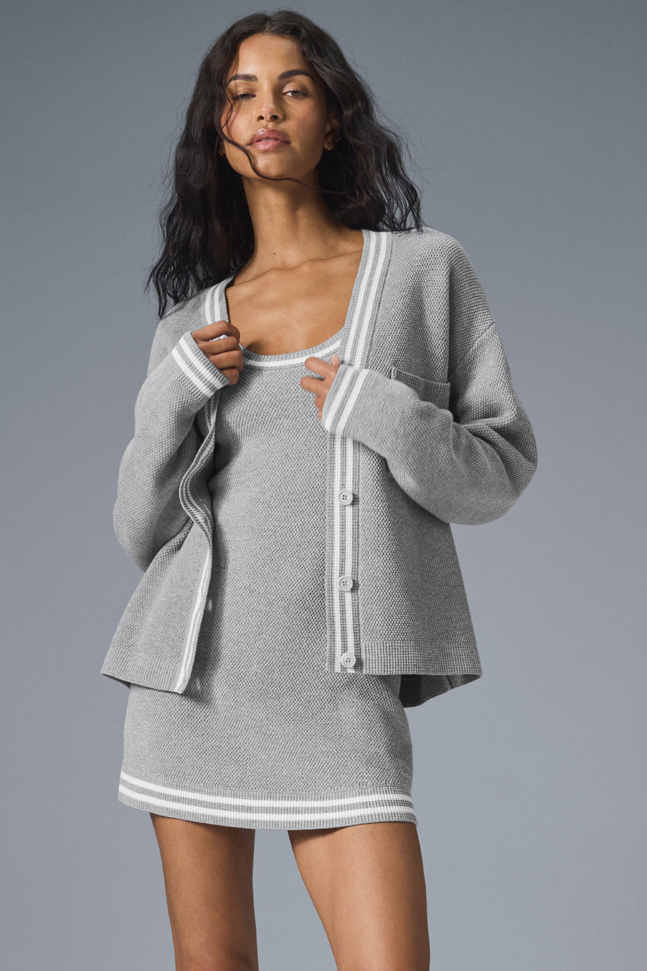 Tennis Club Sweater Knit Cardigan - Athletic Heather Grey/White image 1