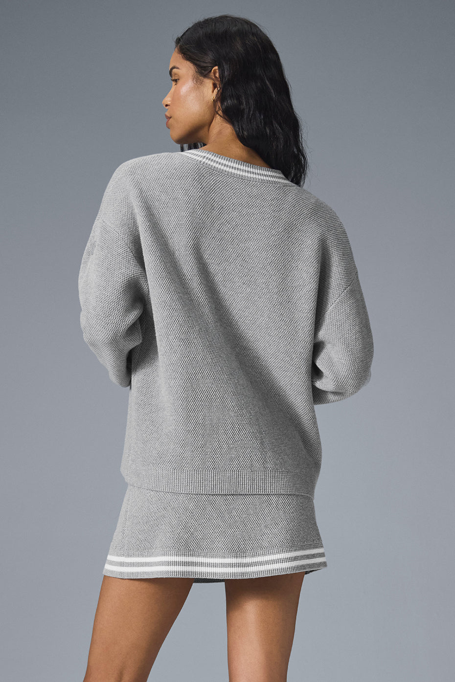 Tennis Club Sweater Knit Cardigan - Athletic Heather Grey/White image 2
