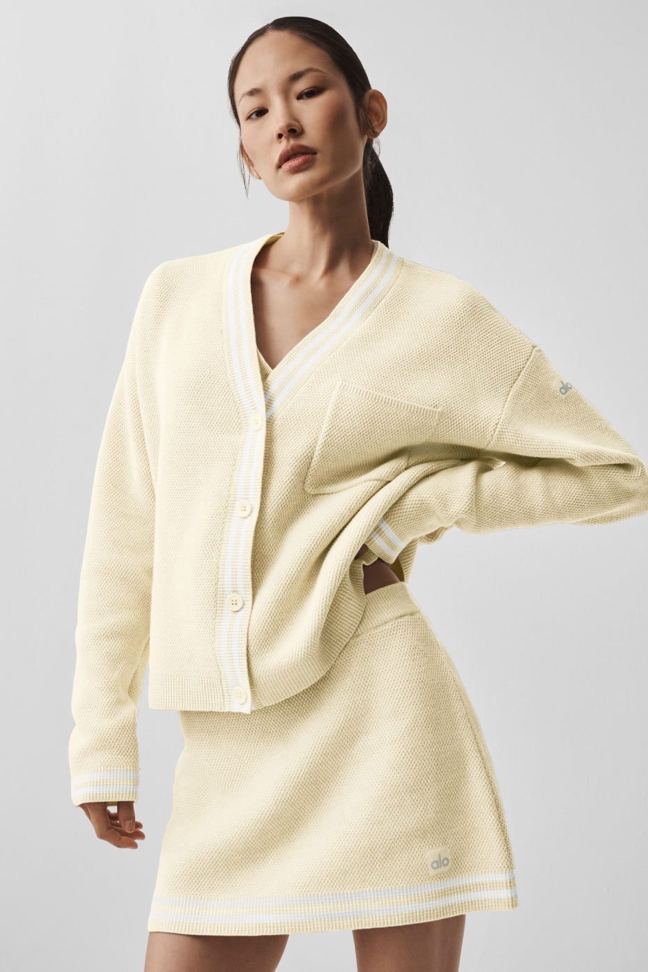 Tennis Club Sweater Knit Cardigan - Oatmeal/White image 5