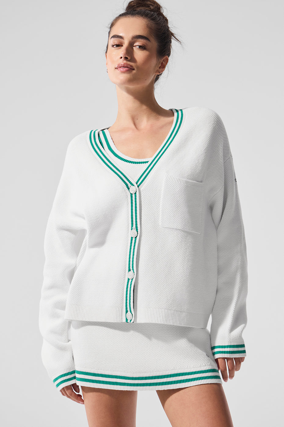 Tennis Club Sweater Knit Cardigan - White/Spruce Green image 1
