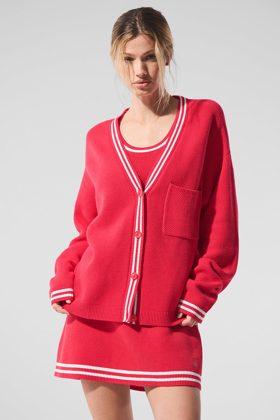 Tennis Club Sweater Knit Cardigan - Candy Red/White image 2