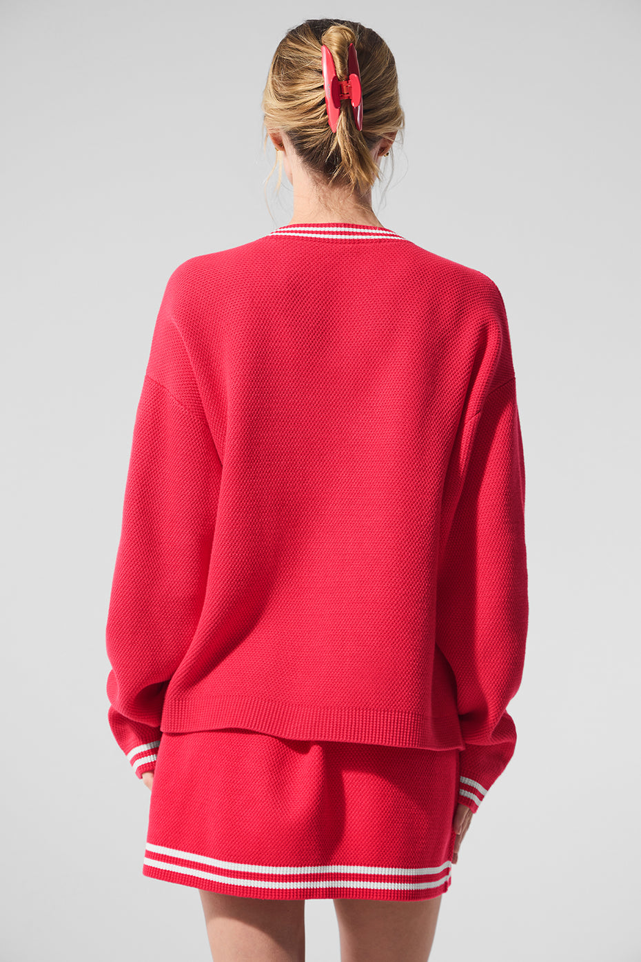 Tennis Club Sweater Knit Cardigan - Candy Red/White image 3