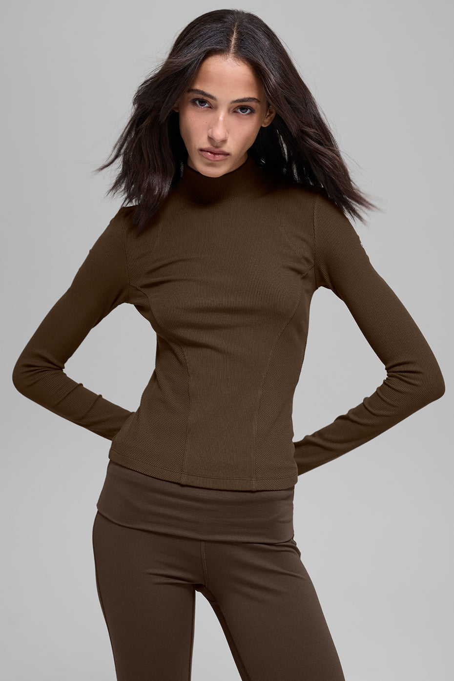 Ribbed Mesmerize Mock Neck Long Sleeve - Espresso image 1