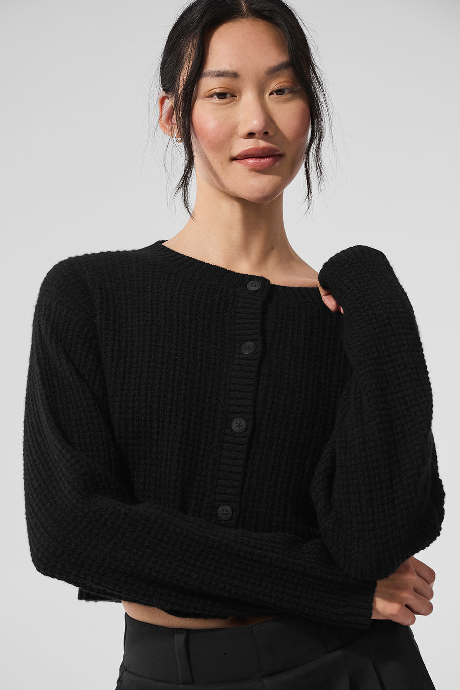 Cashmere Plush Waffle Cardigan - Black image 1