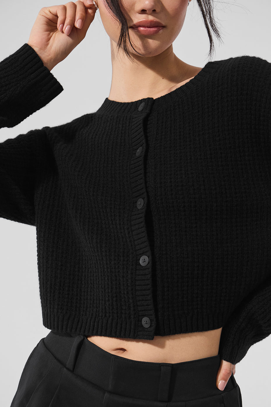 Cashmere Plush Waffle Cardigan - Black image 3
