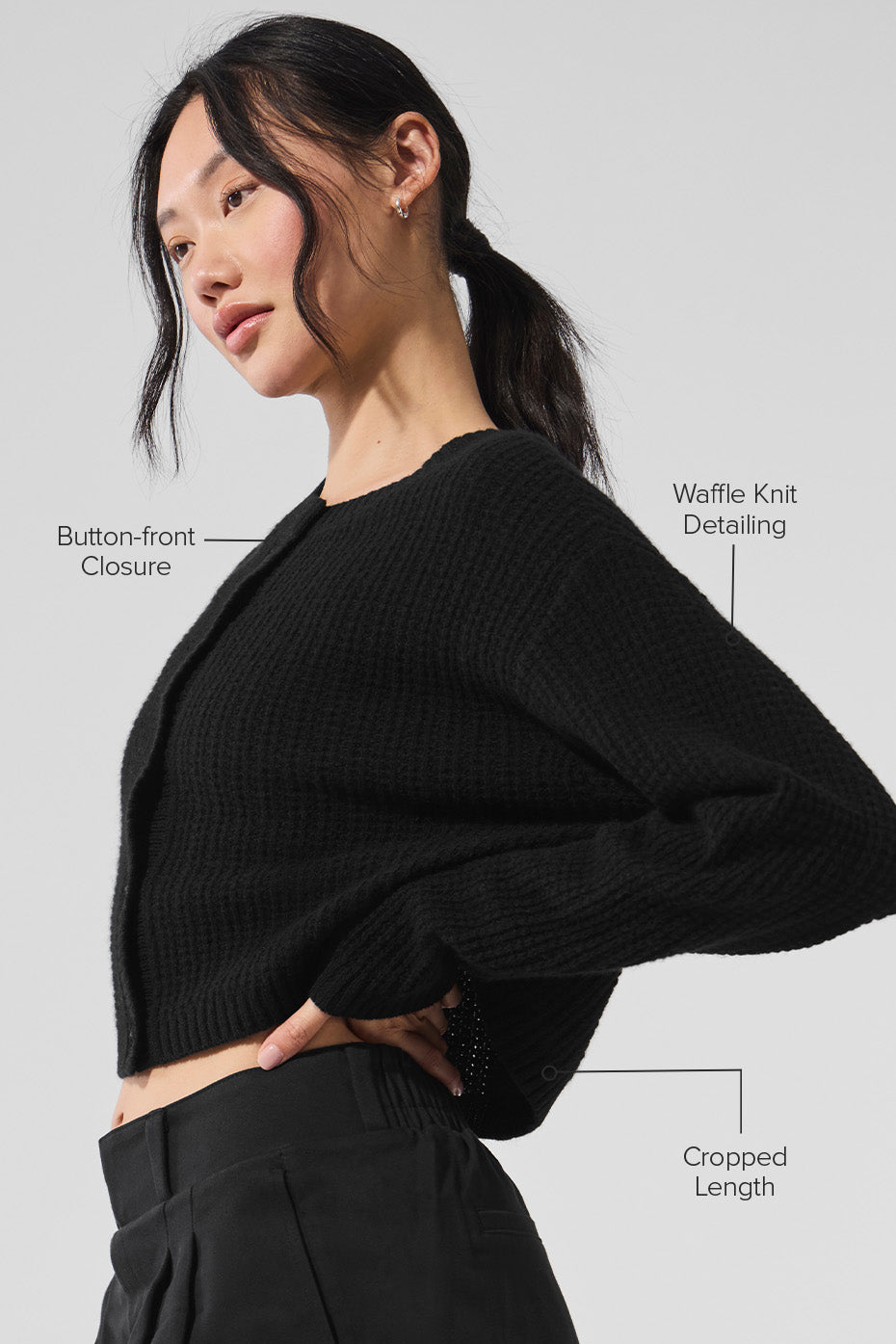 Cashmere Plush Waffle Cardigan - Black image 4