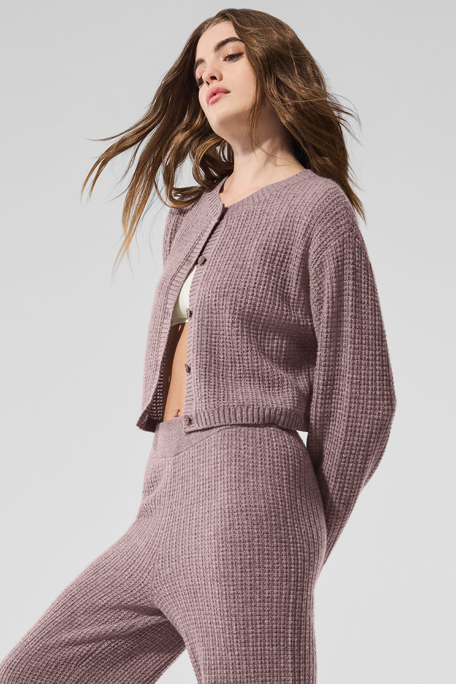 Cashmere Plush Waffle Cardigan - Mushroom Heather image 4