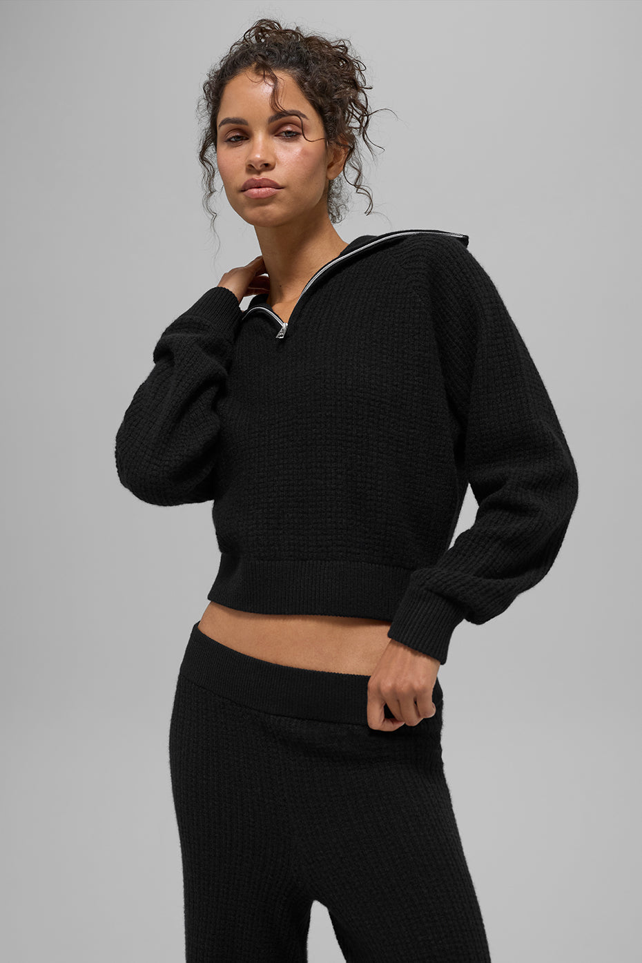 Cashmere Plush Waffle 1/4 Zip Pullover - Black image 1