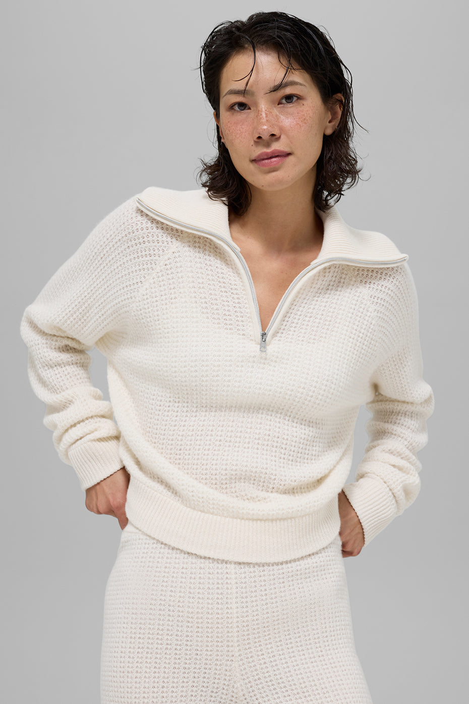 Cashmere Plush Waffle 1/4 Zip Pullover - Ivory image 1